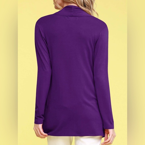 Draped Front Open Cardigan Casual Long Sleeve Lightweight Cardigan -purple - Picture 3 of 6